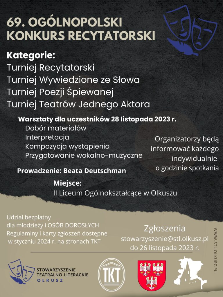 Plakat informujący o warsztatach przygotowywujących do Ogólnopolskiego Konkursu Recytatorskiego 2024.
